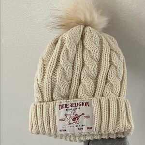 True Religion Beige Cable Knit Beanie with Pom